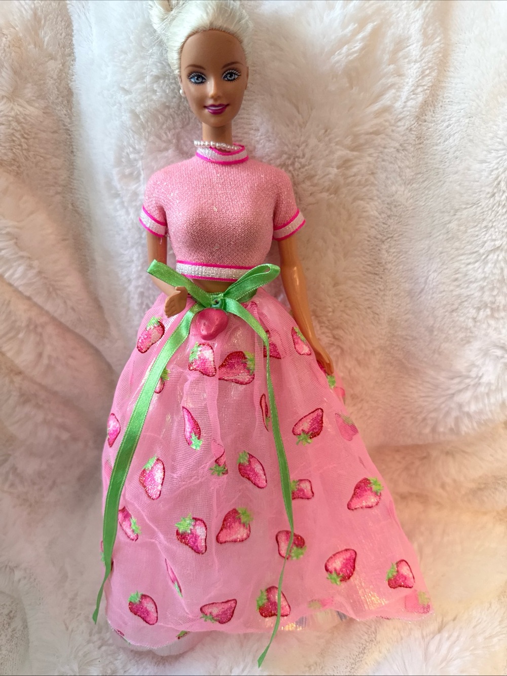 Barbie Pink Strawberry Print Dress with Green Ribbon